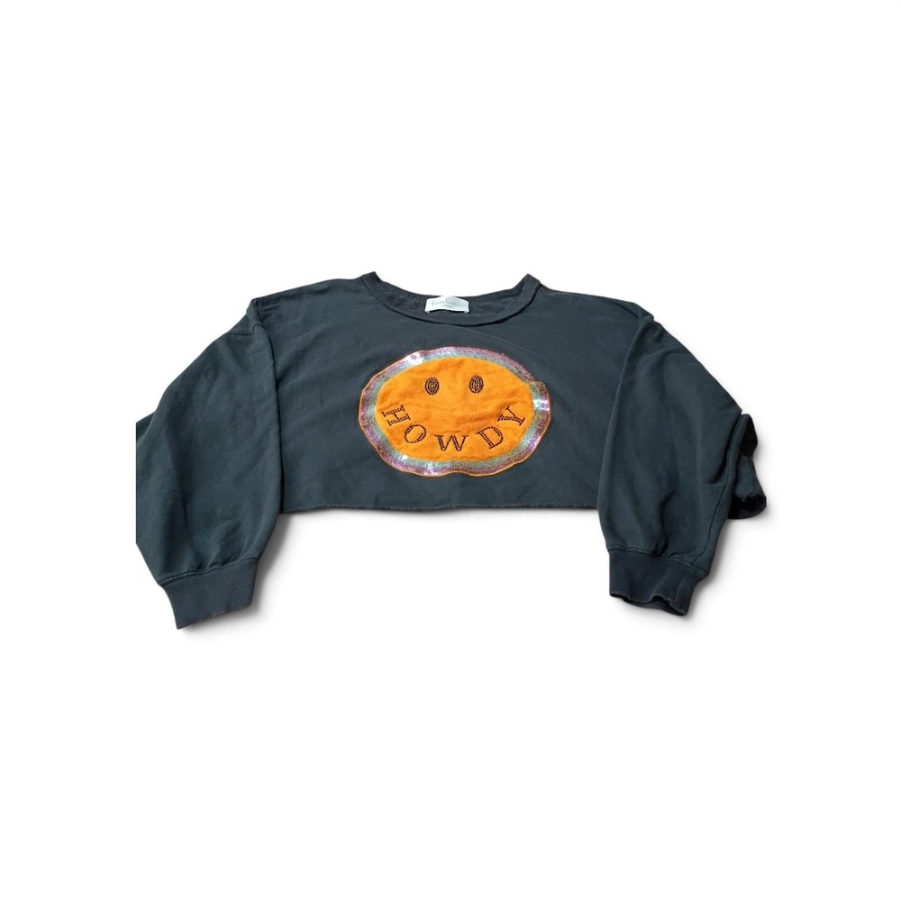 Cousin Couture Howdy Smiley Face Cropped Sweatshirt Gray Rhinestone Sequin M
